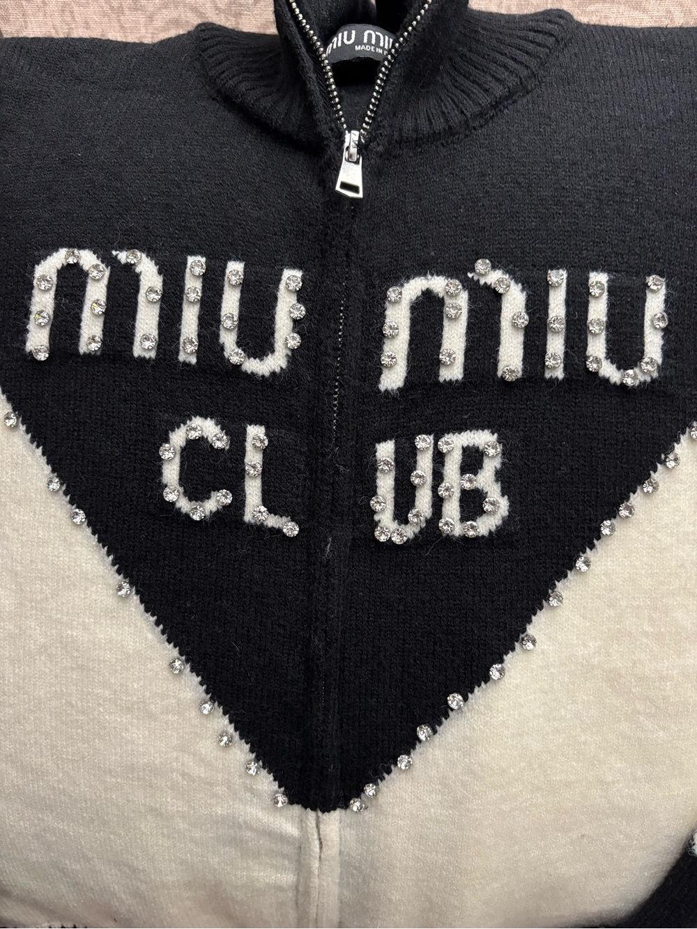 Miu Miu Black and Cream Beaded Zip-Front Logo Knit Cardigan - Picture 2 of 4
